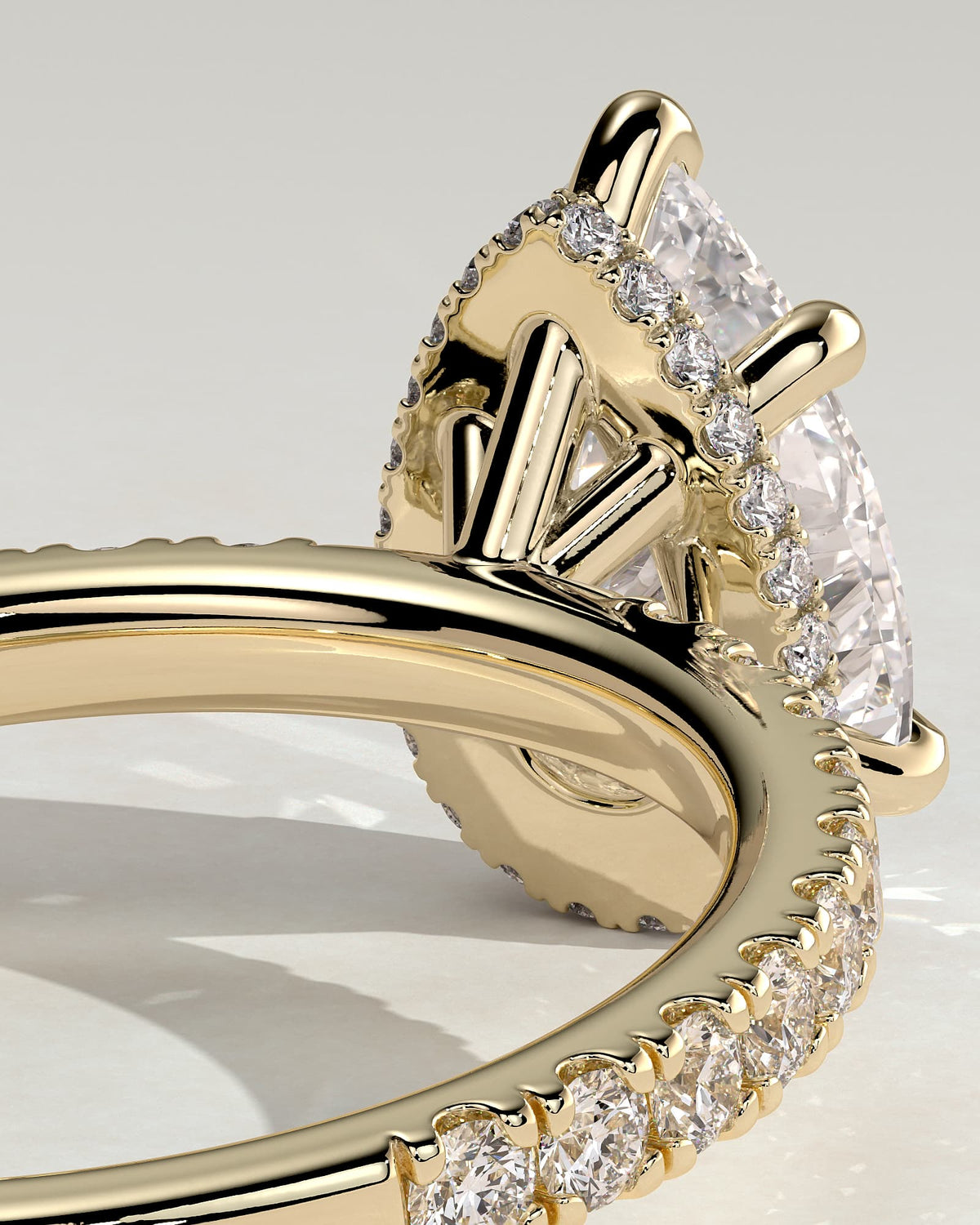 Jordanna - Pear Claw Solitaire with Wrap Around Hidden Halo and Pave Band Engagement Ring - Yellow Gold