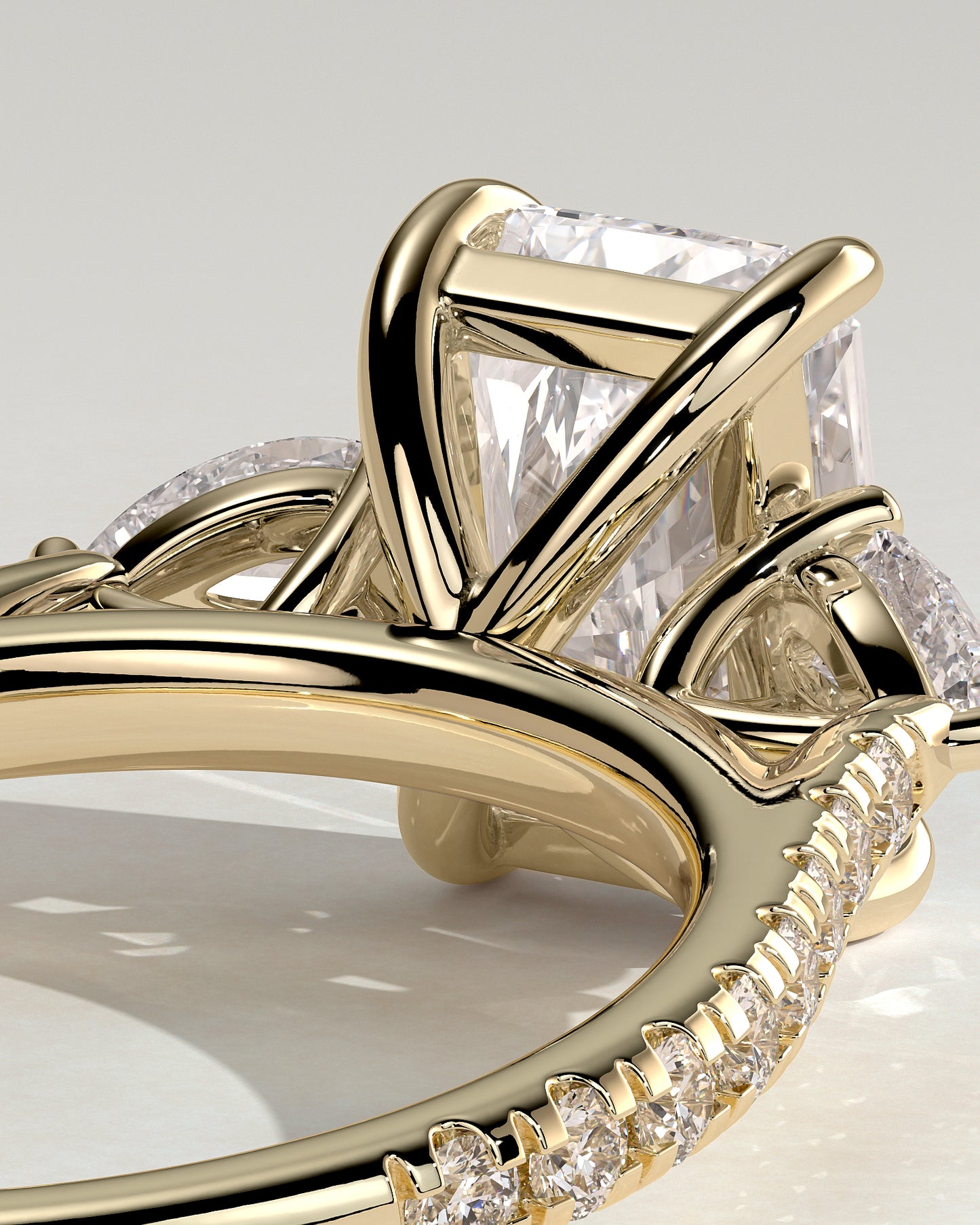 Ginny - Radiant Claw Trilogy with Pear Side Stones and Pave Band Engagement Ring - Yellow Gold - Yellow Gold 2ct