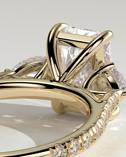 Ginny - Radiant Claw Trilogy with Pear Side Stones and Pave Band Engagement Ring - Yellow Gold