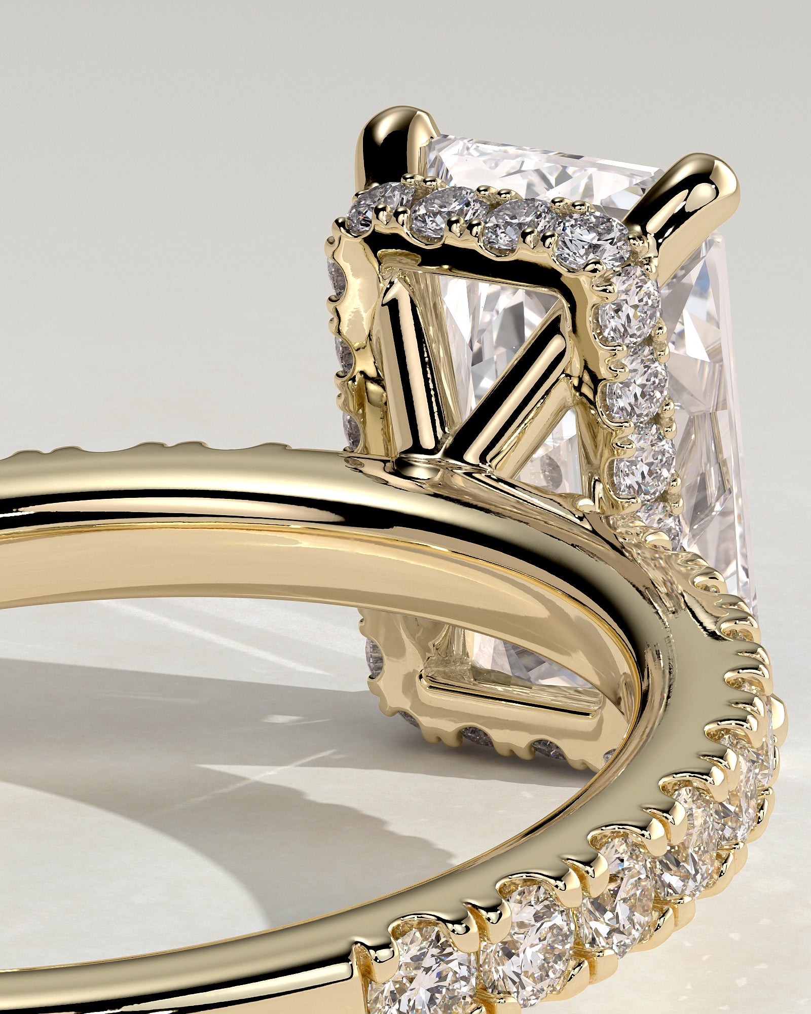 Ellie - Radiant Claw Solitaire with Wrap Around Hidden Halo and Pave Band Engagement Ring - Yellow Gold - Yellow Gold 2ct