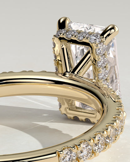 Ellie - Radiant Claw Solitaire with Wrap Around Hidden Halo and Pave Band Engagement Ring - Yellow Gold