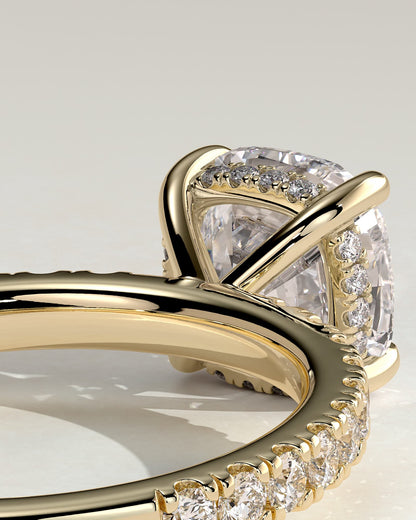 Claudia - Cushion Claw Solitaire with Hidden Halo and Pave Band Engagement Ring - Yellow Gold