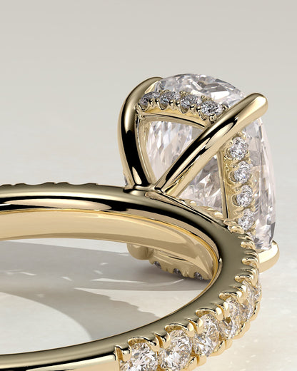 Camilla - Elongated Cushion Claw Solitaire with Hidden Halo and Pave Band Engagement Ring - Yellow Gold