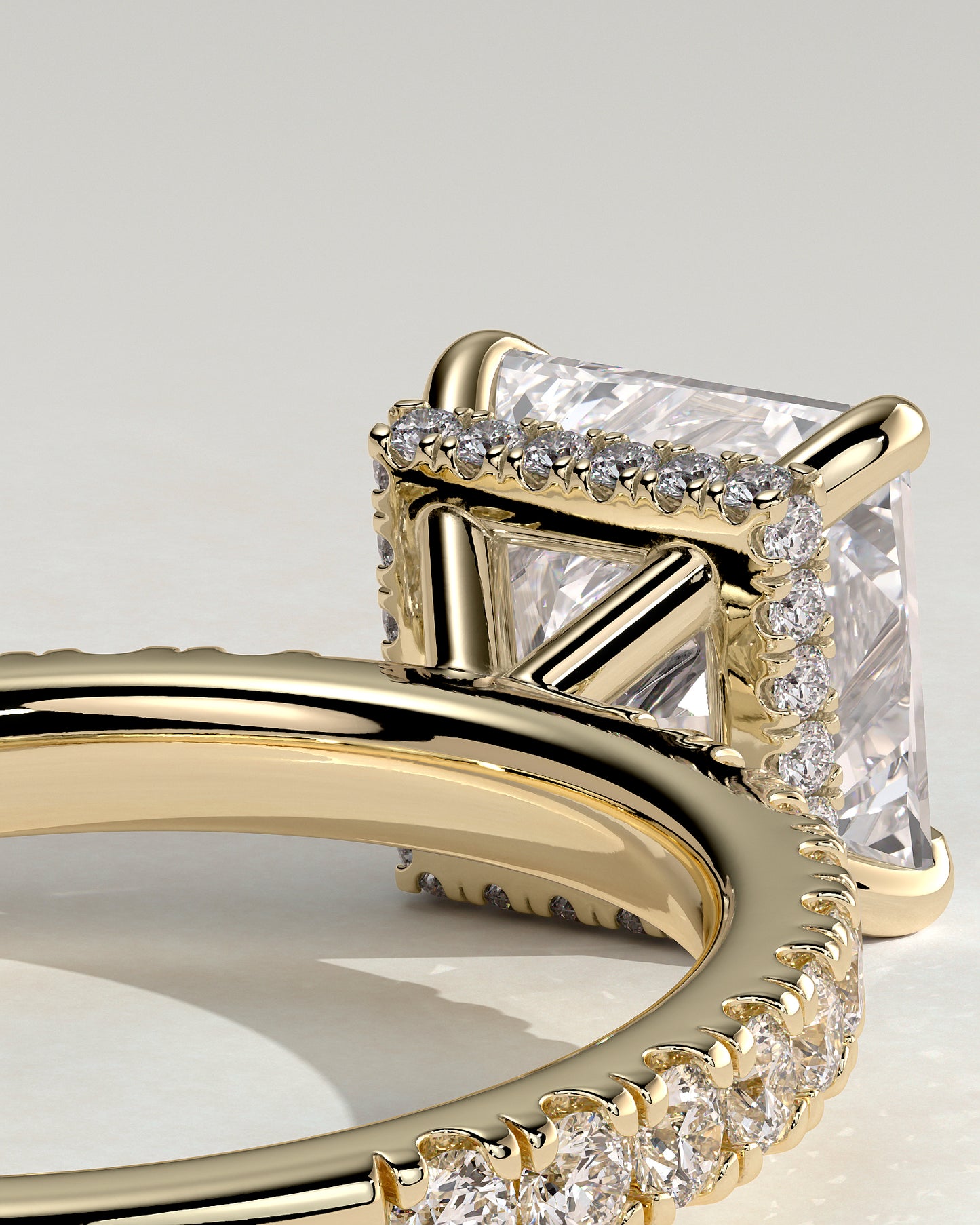 Brooklyn - Princess Claw Solitaire with Wrap Around Hidden Halo and Pave Band Engagement Ring - Yellow Gold - Yellow Gold 2ct