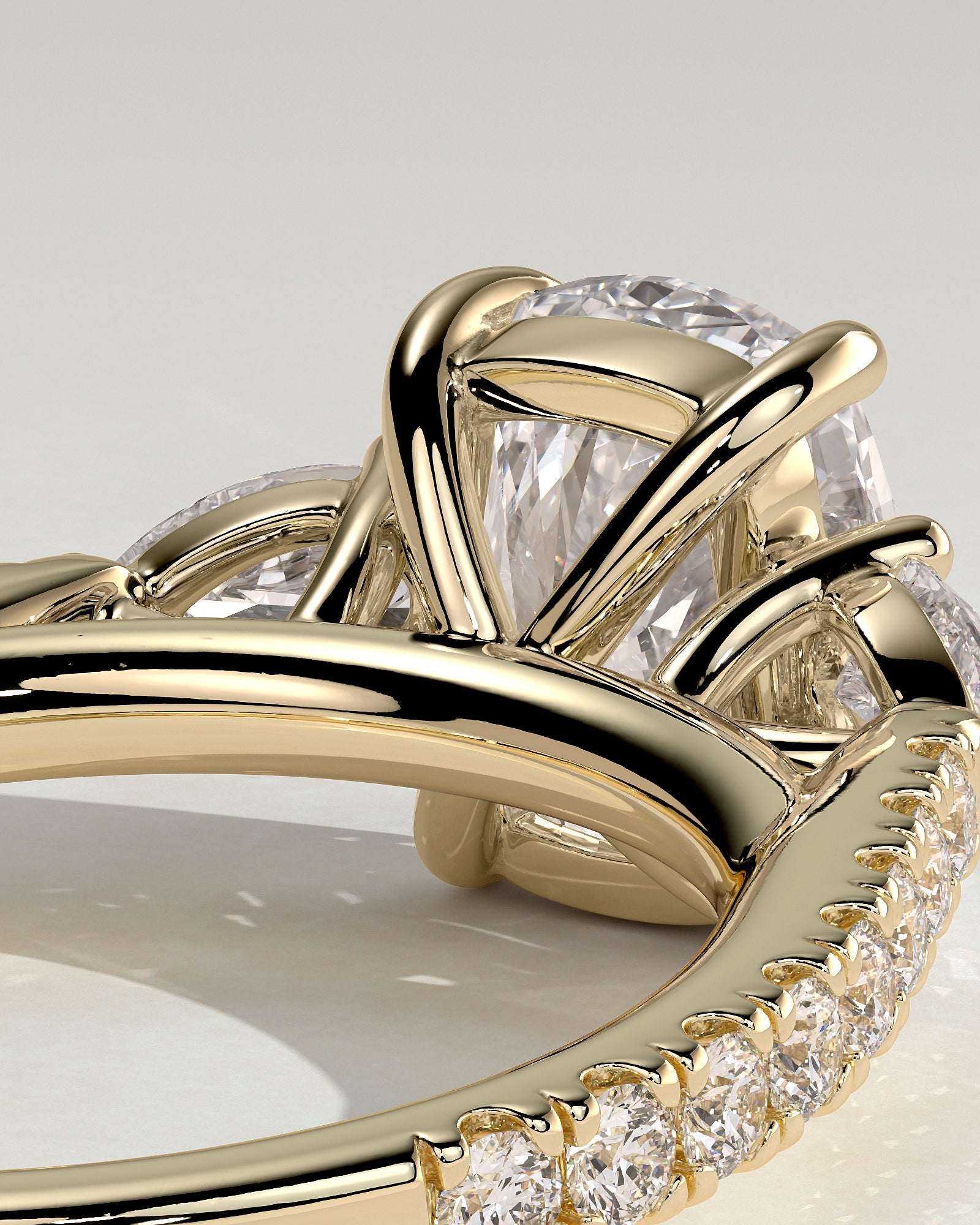 Bree - Elongated Cushion Claw Trilogy with Pear Side Stones and Pave Band Engagement Ring - Yellow Gold - Yellow Gold 2ct