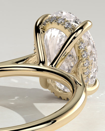 Bethany - Oval Claw Solitaire with Hidden Halo, Tapered Band and Cathedral High Setting Engagement Ring - Yellow Gold