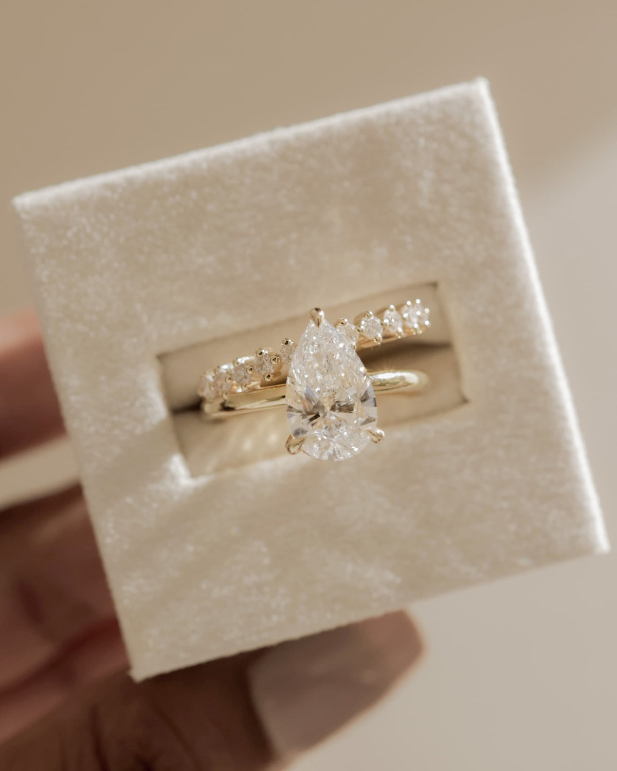 Xanthe - Pear Claw Solitaire with Double Plain-and-Round-Accent Stones Band Engagement Ring - Rose Two-Tone