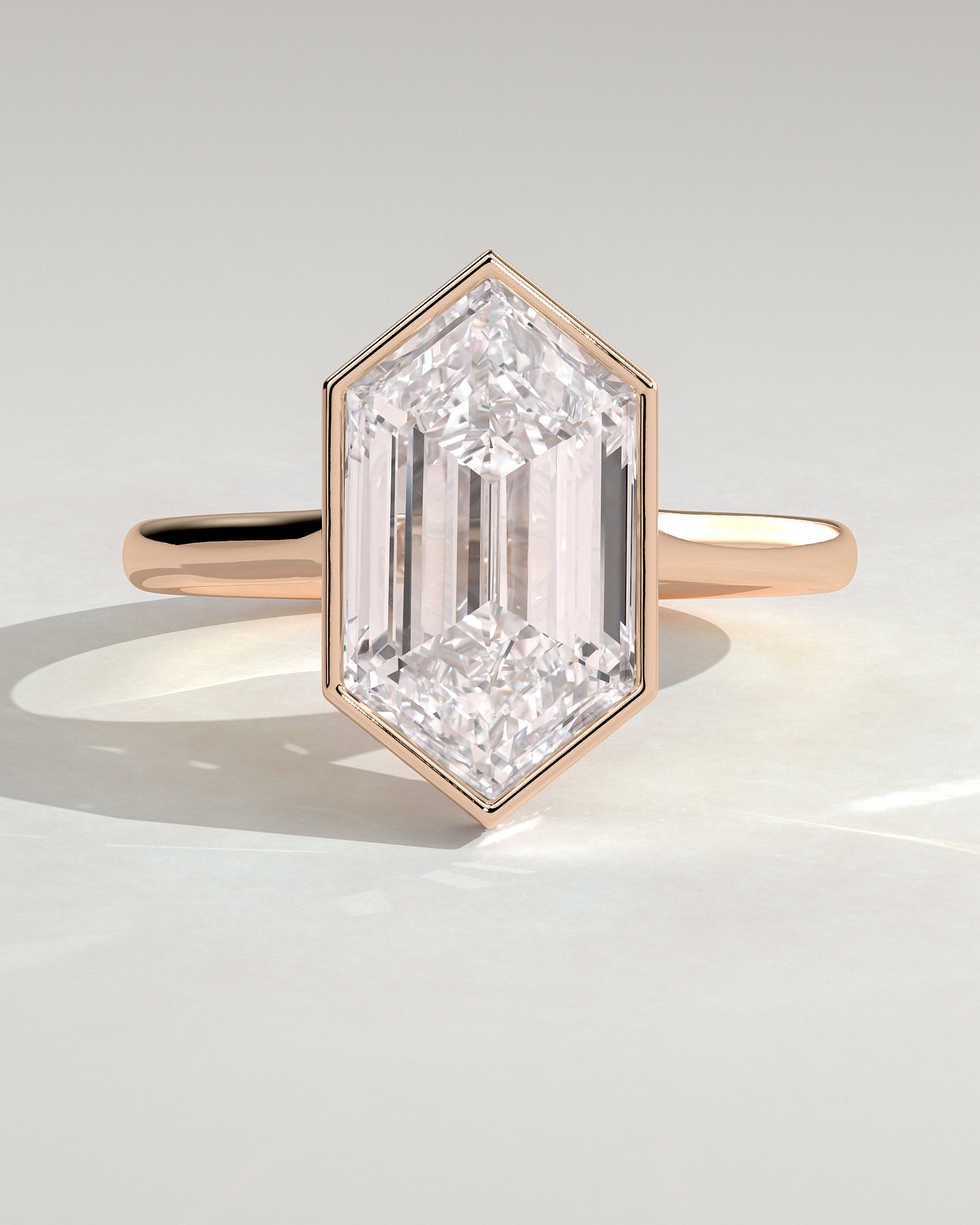 Gloria - Elongated Hexagon Bezel Solitaire with Hidden Halo and Cathedral High Setting Engagement Ring - Rose Gold