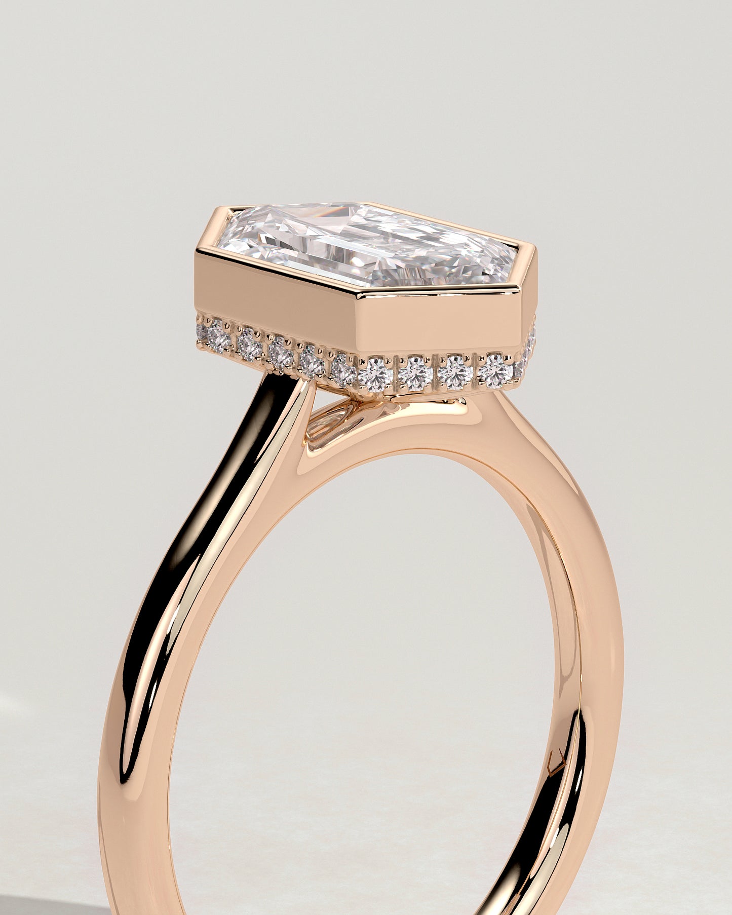 Gloria - Elongated Hexagon Bezel Solitaire with Hidden Halo and Cathedral High Setting Engagement Ring - Rose Gold - Rose Gold 2ct