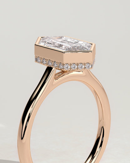 Gloria - Elongated Hexagon Bezel Solitaire with Hidden Halo and Cathedral High Setting Engagement Ring - Rose Gold