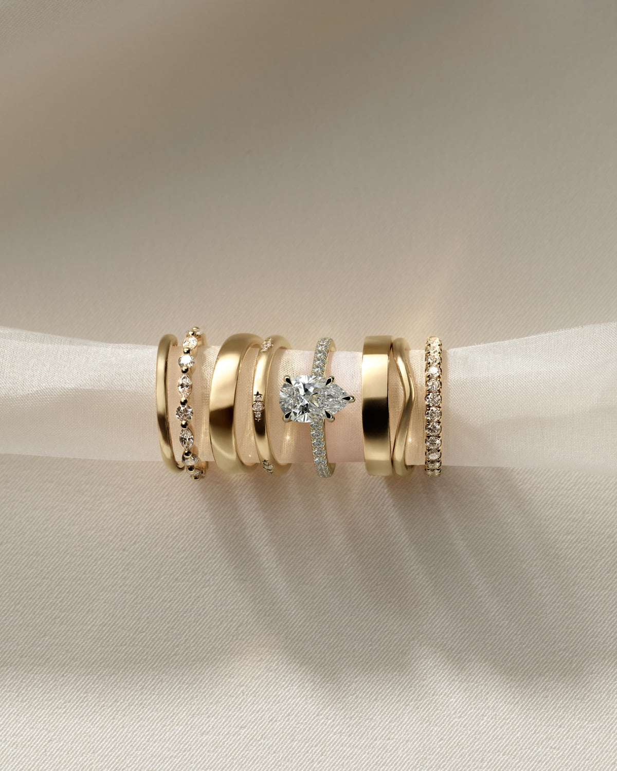 Katrina - Pear Claw Solitaire with Hidden Halo, Pave Band and Cathedral High Setting Engagement Ring - Yellow Gold