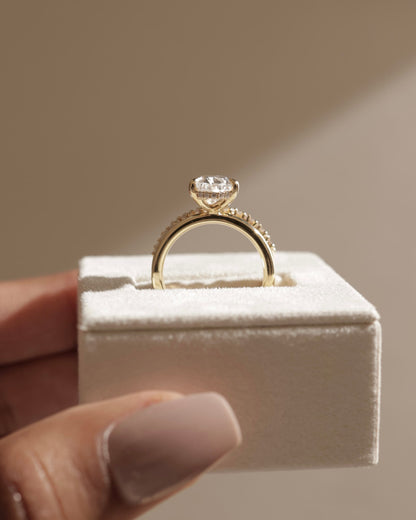 Xanthe - Pear Claw Solitaire with Double Plain-and-Round-Accent Stones Band Engagement Ring - Rose Two-Tone