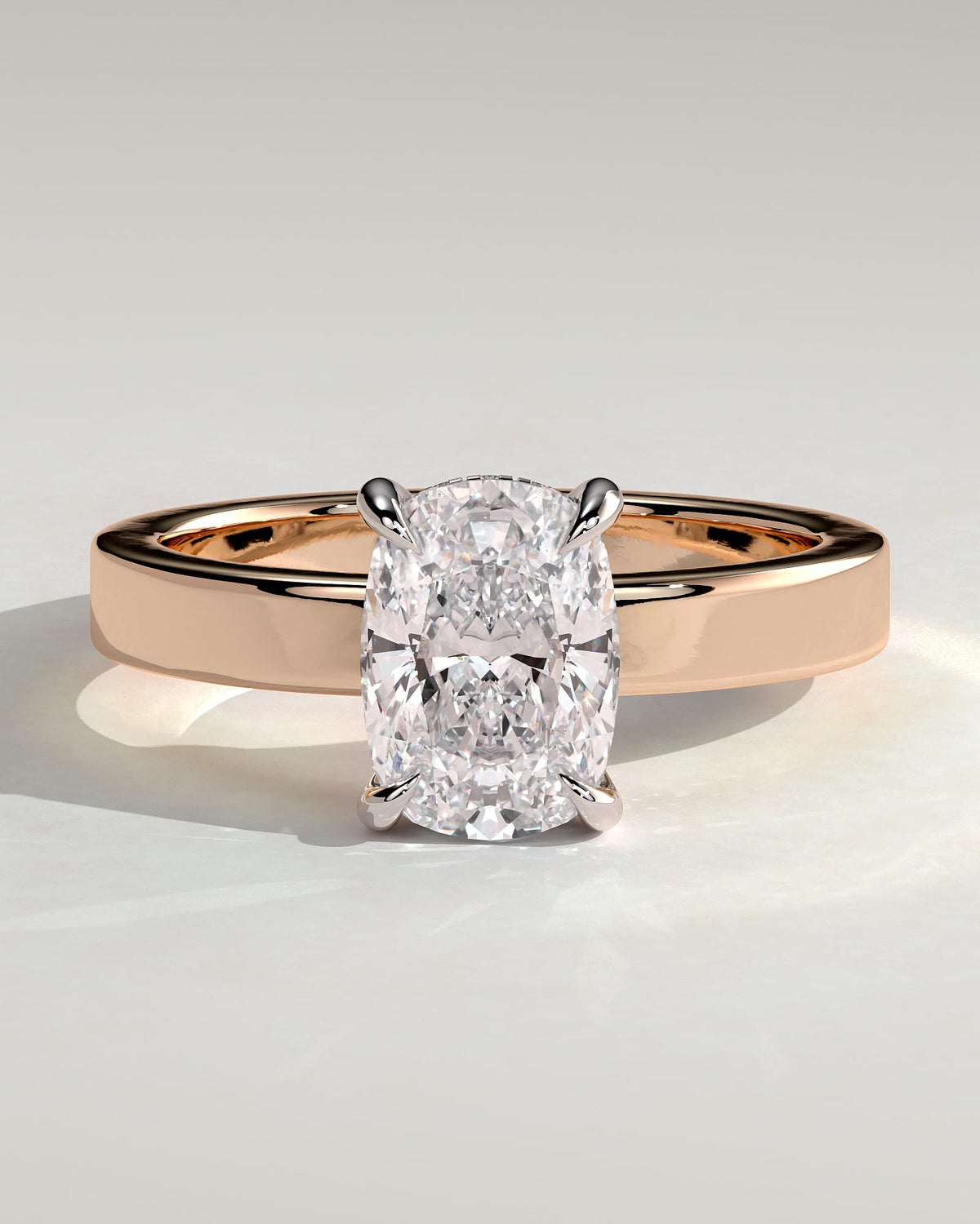 Kai - Elongated Cushion Claw Solitaire with Flat Cigar Band and Hidden Halo Engagement Ring - Rose Two-Tone