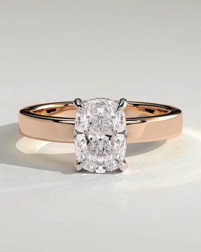 Kai - Elongated Cushion Claw Solitaire with Flat Cigar Band and Hidden Halo Engagement Ring - Rose Two-Tone