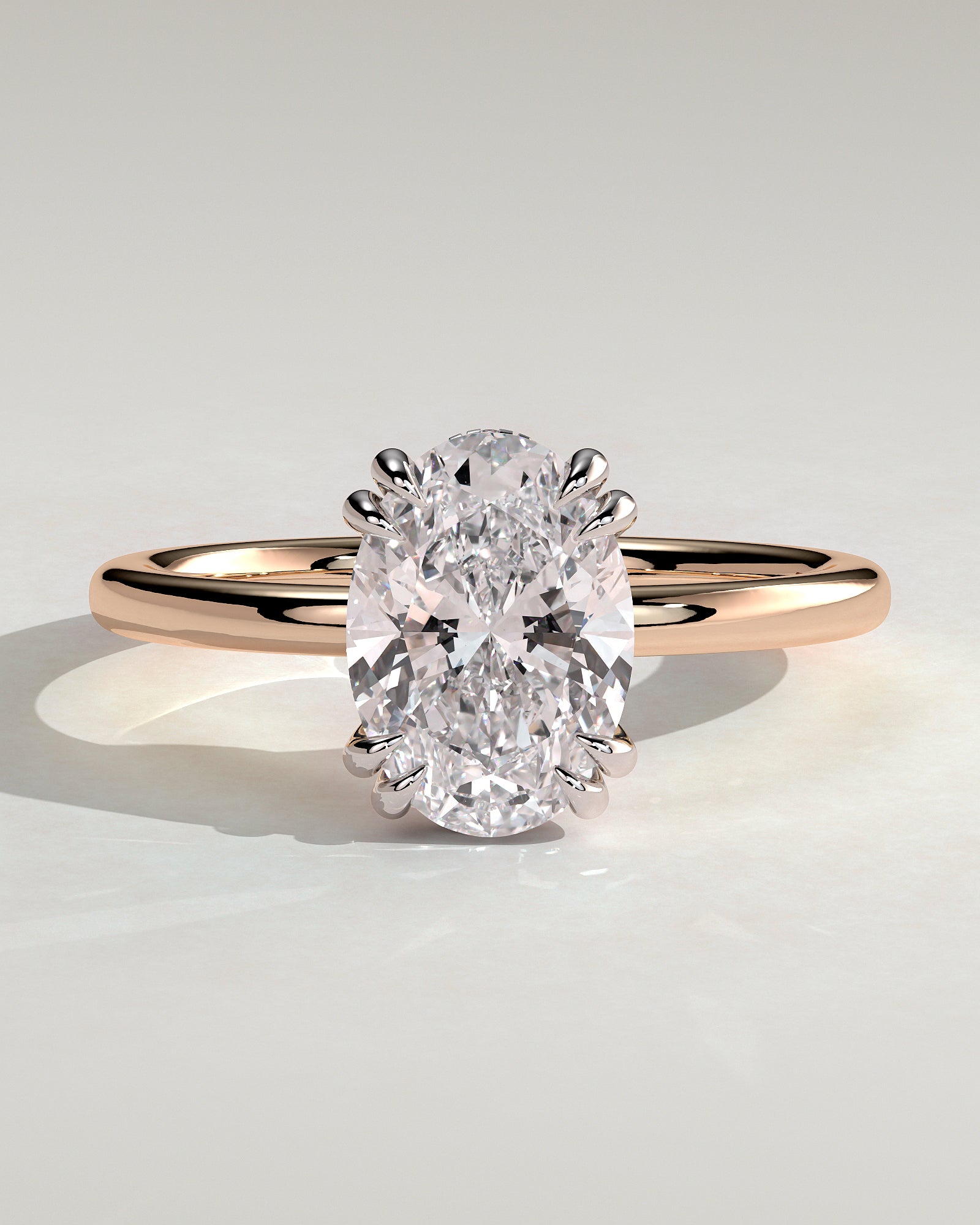 Avery - Oval Double Claw Solitaire with Hidden Halo Engagement Ring - Rose Two-Tone - Rose Two-Tone 2ct