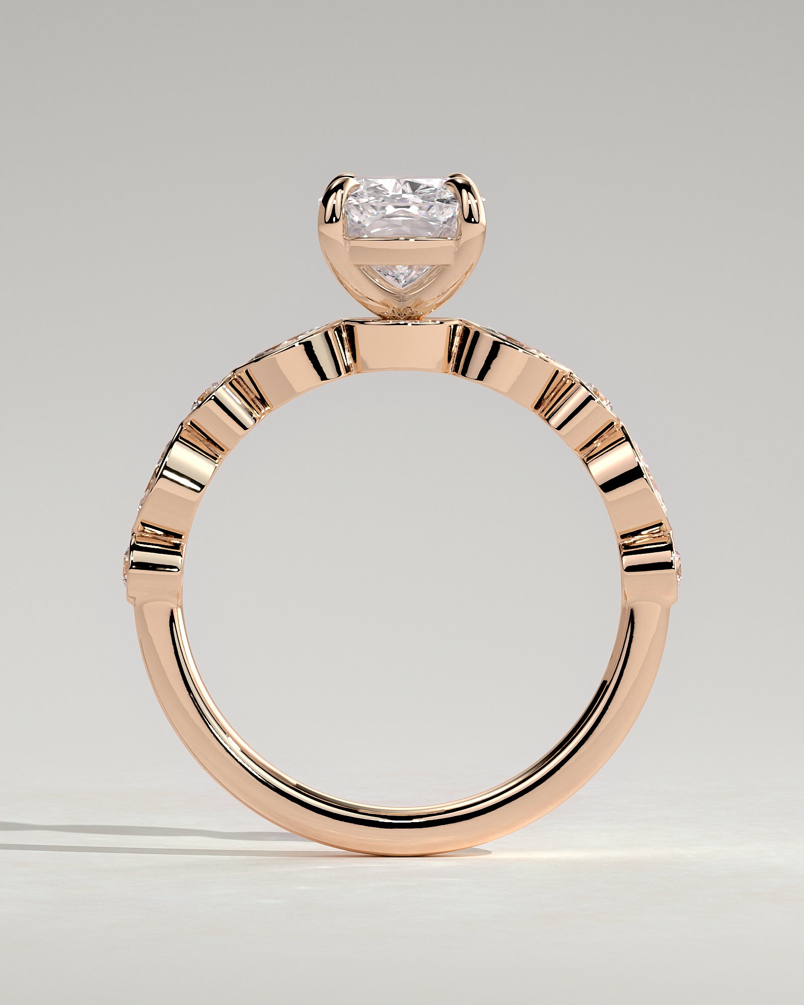Carrie - Elongated Cushion Claw Solitaire with Round-Marquise Bezel Accent Stones Engagement Ring - Rose Gold - Rose Gold 2ct