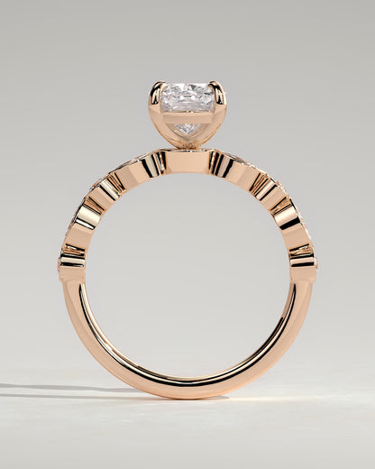 Carrie - Elongated Cushion Claw Solitaire with Round-Marquise Bezel Accent Stones Engagement Ring - Rose Gold