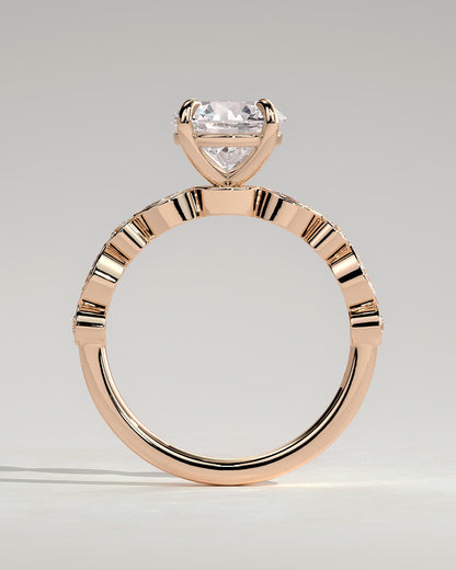 Cartia - Round Claw Solitaire with Round-Marquise Bezel Accent Stones Engagement Ring - Rose Gold