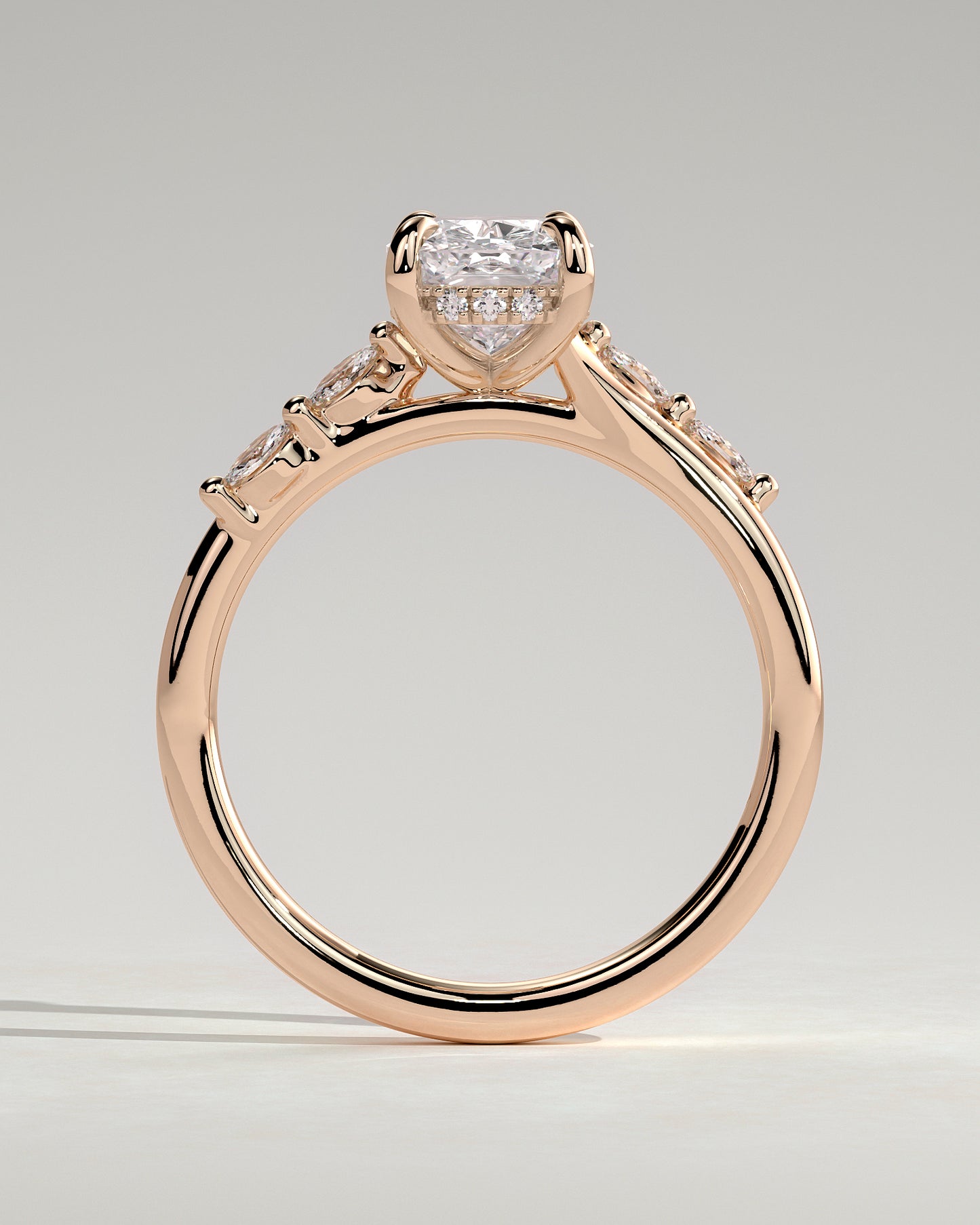 Elle - Elongated Cushion Claw Solitaire with Hidden Halo, Opposing Marquise Accents and Cathedral High Setting Engagement Ring - Rose Gold - Rose Gold 2ct