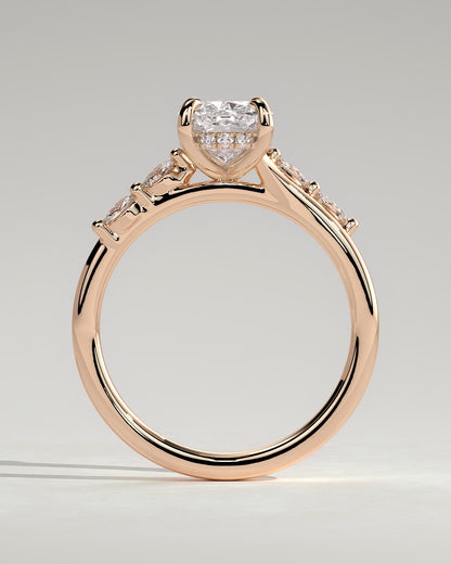 Elle - Elongated Cushion Claw Solitaire with Hidden Halo, Opposing Marquise Accents and Cathedral High Setting Engagement Ring - Rose Gold
