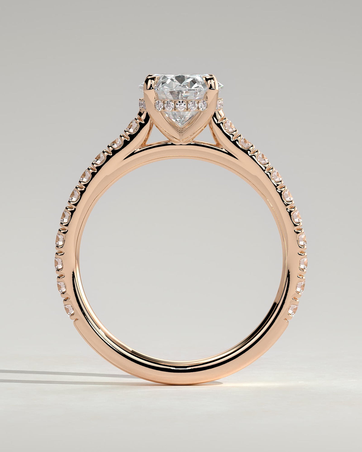 Julia - Oval Claw Solitaire with Hidden Halo, Pave Band and Cathedral High Setting Engagement Ring - Rose Gold