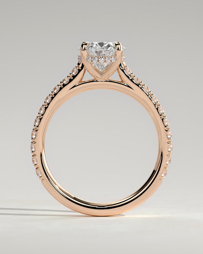 Julia - Oval Claw Solitaire with Hidden Halo, Pave Band and Cathedral High Setting Engagement Ring - Rose Gold