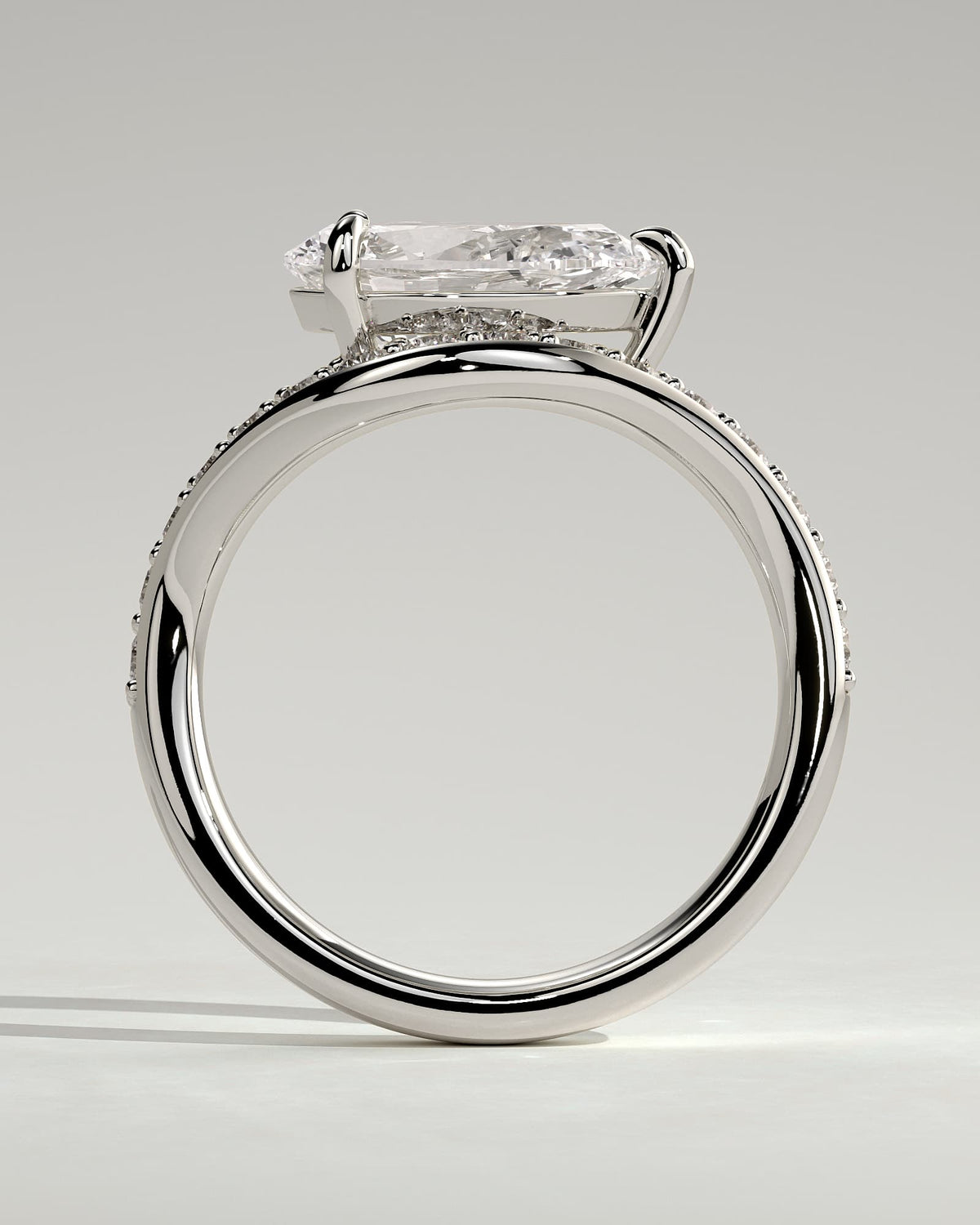 Eliza - Pear Claw Solitaire with Bead Set Pave Wave Band and East West Setting Engagement Ring - White Gold