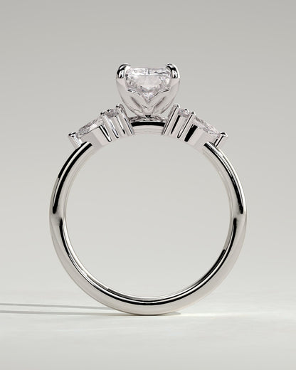 Heidi - Radiant Claw Solitaire with Pear Accents and Round Shoulder Stones Engagement Ring - White Gold