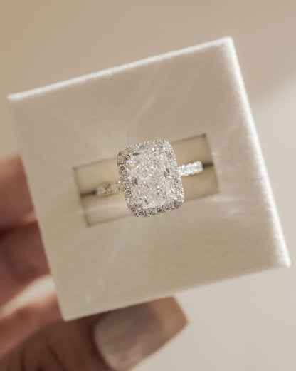 Catherine - Radiant Claw Solitaire with Halo and Pave Band Engagement Ring - Yellow Gold