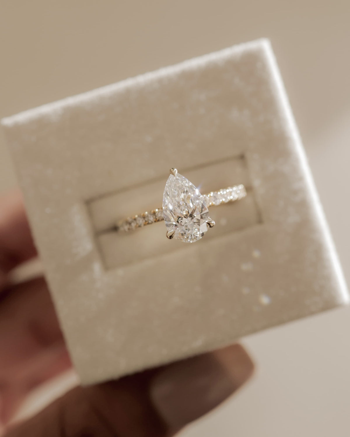 Keira - Pear Claw Solitaire with Wrap Around Hidden Halo and Pave Band Engagement Ring - Yellow Gold