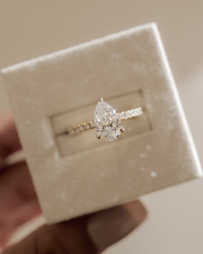 Keira - Pear Claw Solitaire with Wrap Around Hidden Halo and Pave Band Engagement Ring - Yellow Gold