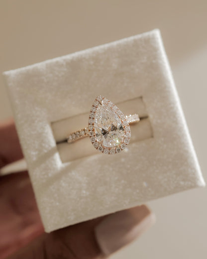 Lauren - Pear Claw Solitaire with Halo and Pave Band Engagement Ring - Yellow Two-Tone