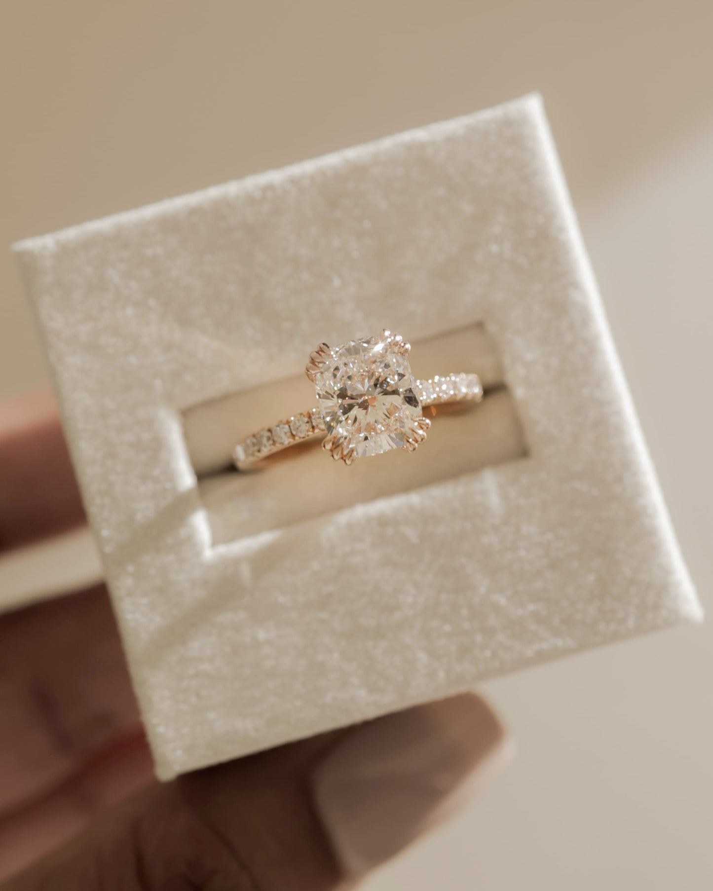 Mandy - Elongated Cushion Triple Claw Solitaire with Pave Band Engagement Ring - Platinum