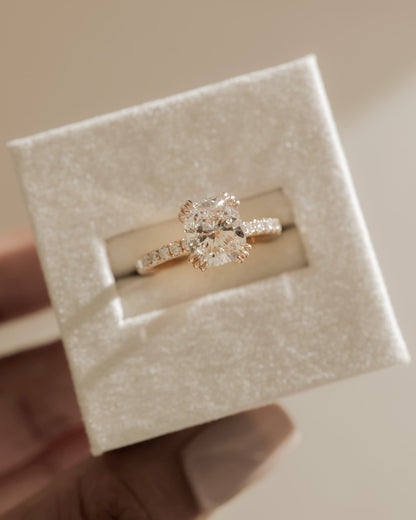 Mandy - Elongated Cushion Triple Claw Solitaire with Pave Band Engagement Ring - Rose Gold