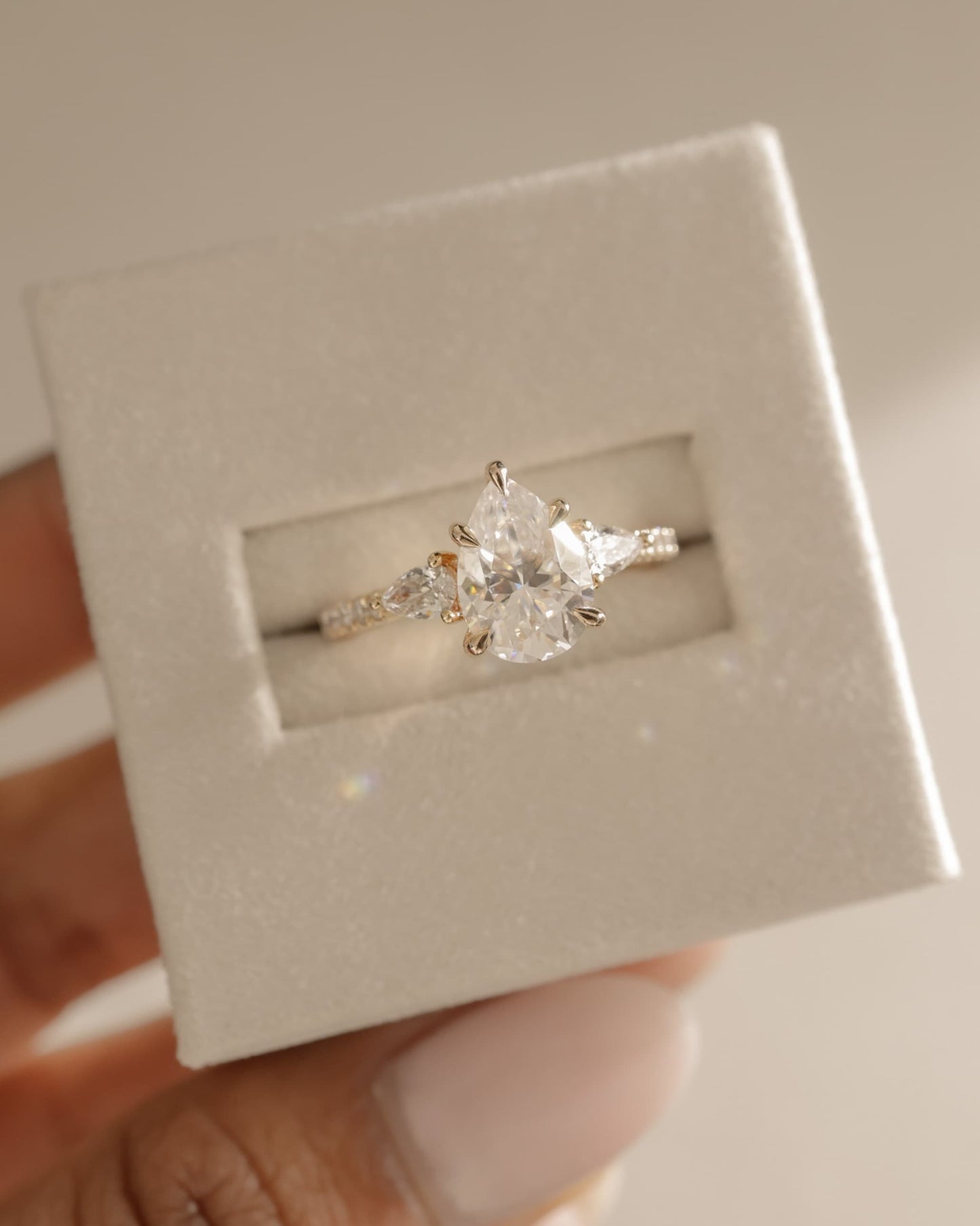 Mia - Pear Claw Trilogy with Pear Side Stones, Pave Band and Cathedral High Setting Engagement Ring - Platinum