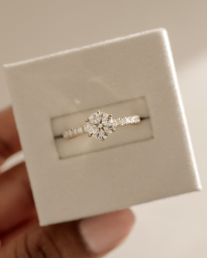 Naomi - Round Claw Solitaire with Crown Gallery and Pave Band Engagement Ring - Yellow Two-Tone