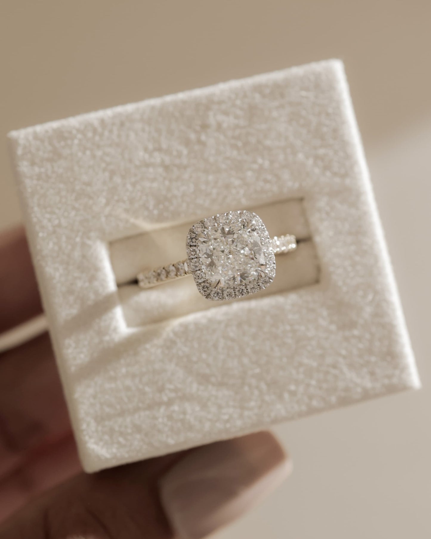 Nicole - Cushion Claw Solitaire with Halo and Pave Band and Cathedral High Setting Engagement Ring - Yellow Gold