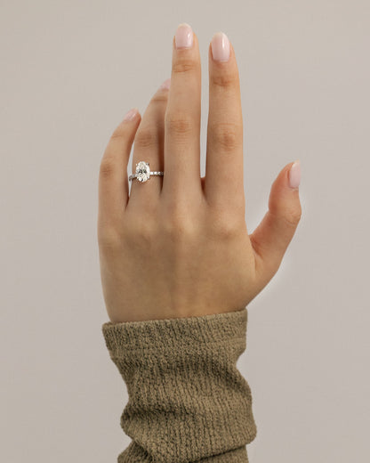 Paige - Oval Claw Solitaire with Hidden Halo and Pave Band Engagement Ring - Yellow Gold