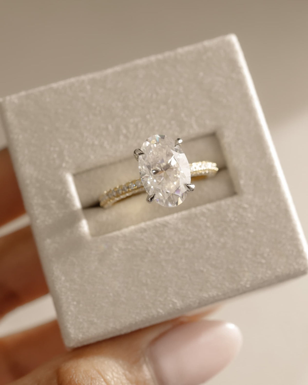 Penelope - Oval Claw Solitaire with Hidden Halo and Triple Pave Band Engagement Ring - Yellow Gold