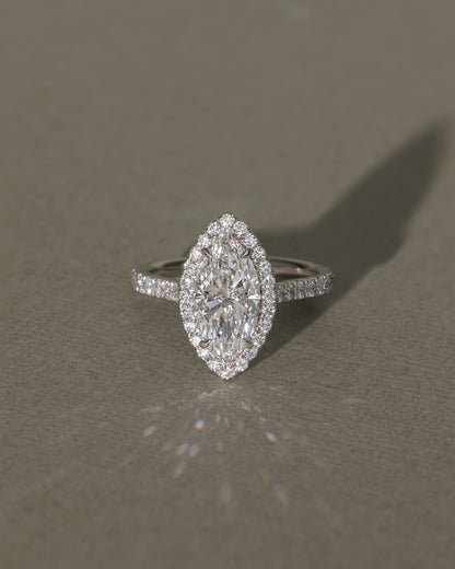 Stefania - Marquise Claw Solitaire with Halo and Pave Band and Cathedral High Setting Engagement Ring - Platinum