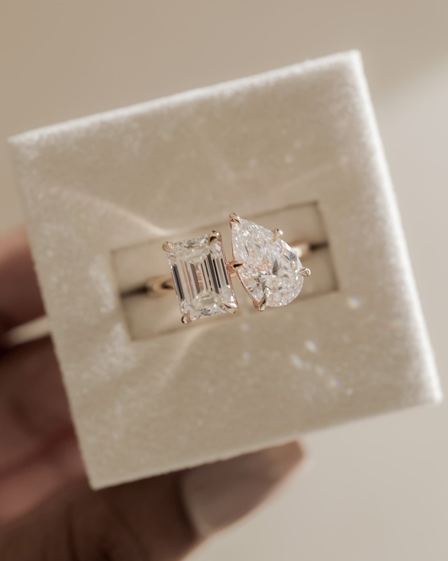 Tahlia - Emerald and Pear Claw Toi et Moi with Hidden Halo Engagement Ring - Rose Two-Tone