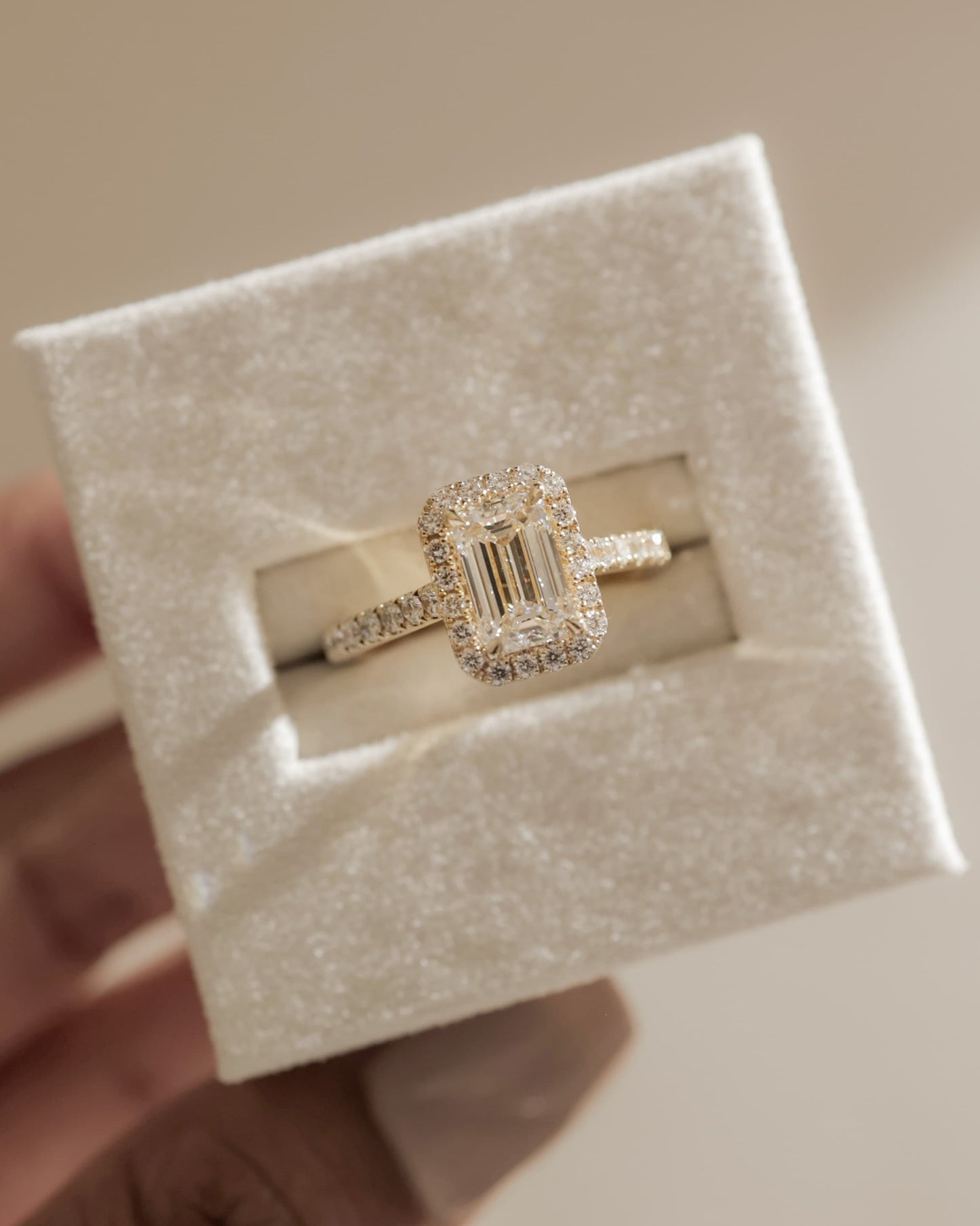 Vanessa - Emerald Claw Solitaire with Halo and Pave Band and Cathedral High Setting Engagement Ring - Yellow Gold