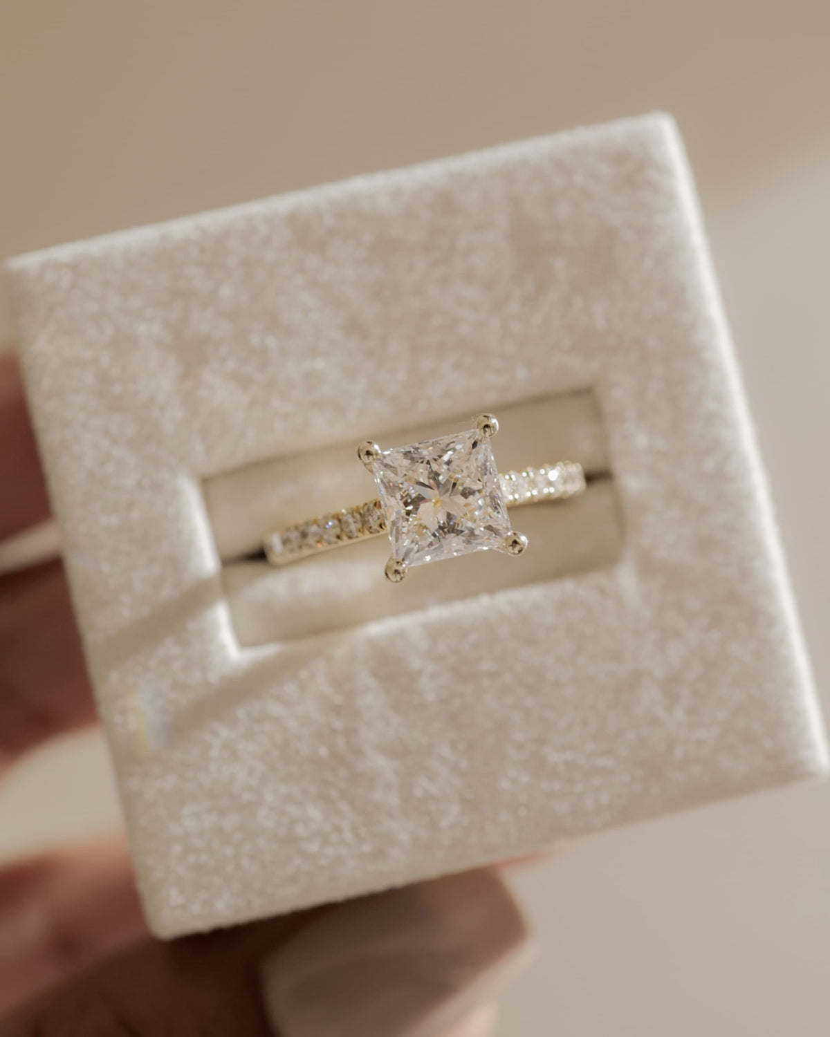 Zendaya - Princess Claw Solitaire with Hidden Halo, Pave Band and Cathedral High Setting Engagement Ring - White Gold