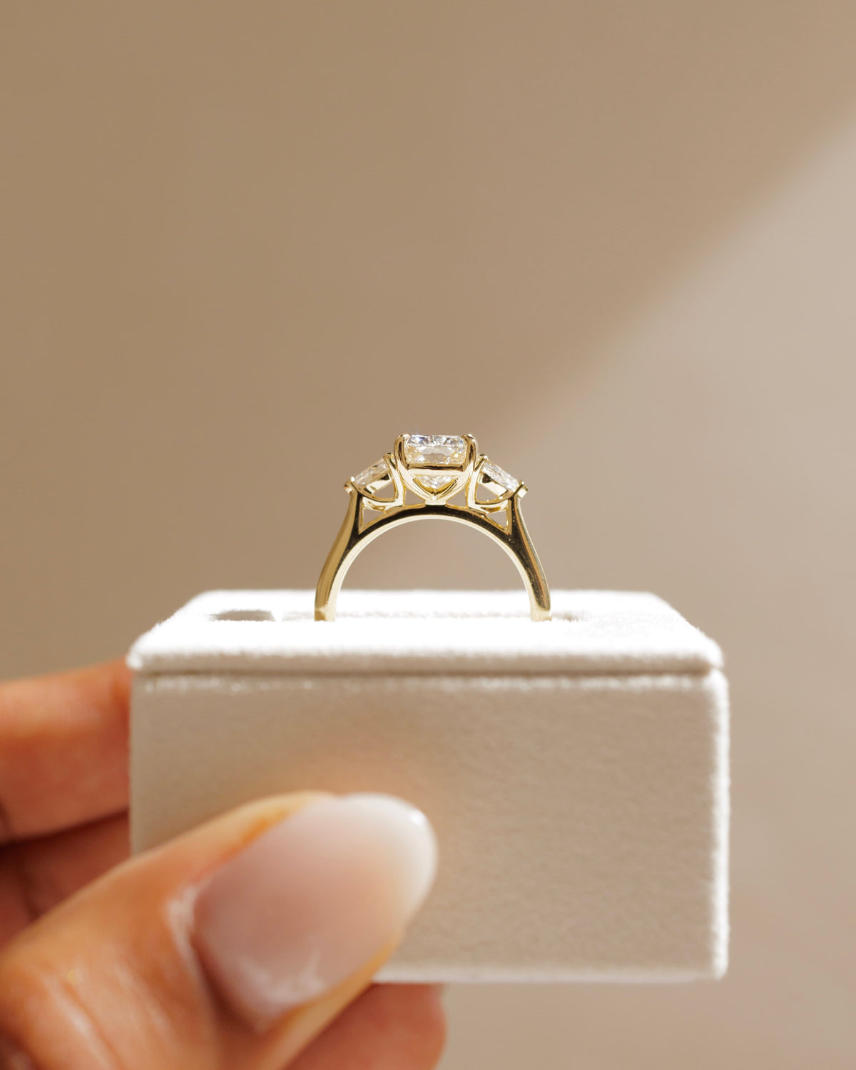 Cataleya - Elongated Cushion Claw Trilogy with Pear Side Stones and Cathedral Setting Engagement Ring - White Gold