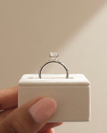 Elise - Oval Claw Solitaire with 6 Spaced Round Accent Stones and Hidden Halo Engagement Ring - Yellow Two-Tone