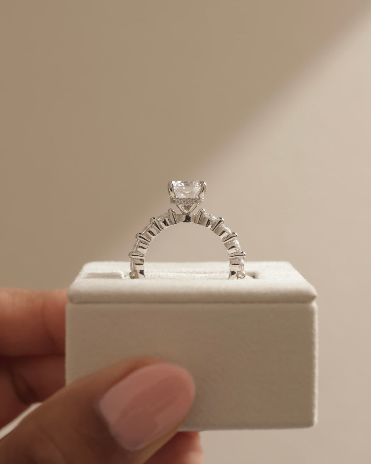 Josephine - Radiant Claw Solitaire with Round Accent Stones and Wrap Around Hidden Halo Engagement Ring - Yellow Gold