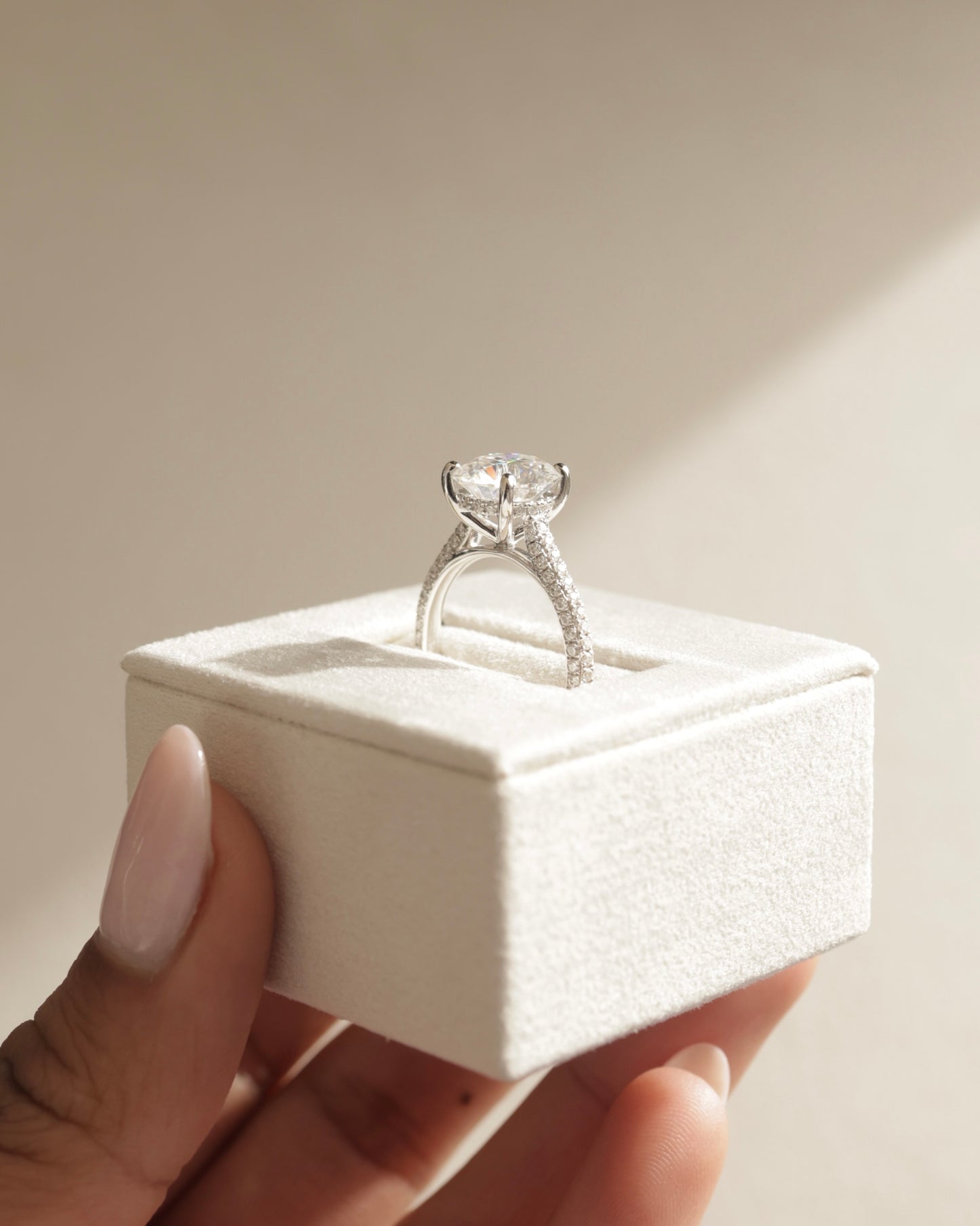 Chelsea - Round Claw Solitaire with Hidden Halo, Triple Pave Band and Cathedral High Setting Engagement Ring - Rose Two-Tone - Lifestyle