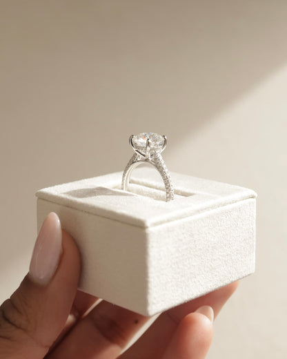 Chelsea - Round Claw Solitaire with Hidden Halo, Triple Pave Band and Cathedral High Setting Engagement Ring - Yellow Gold