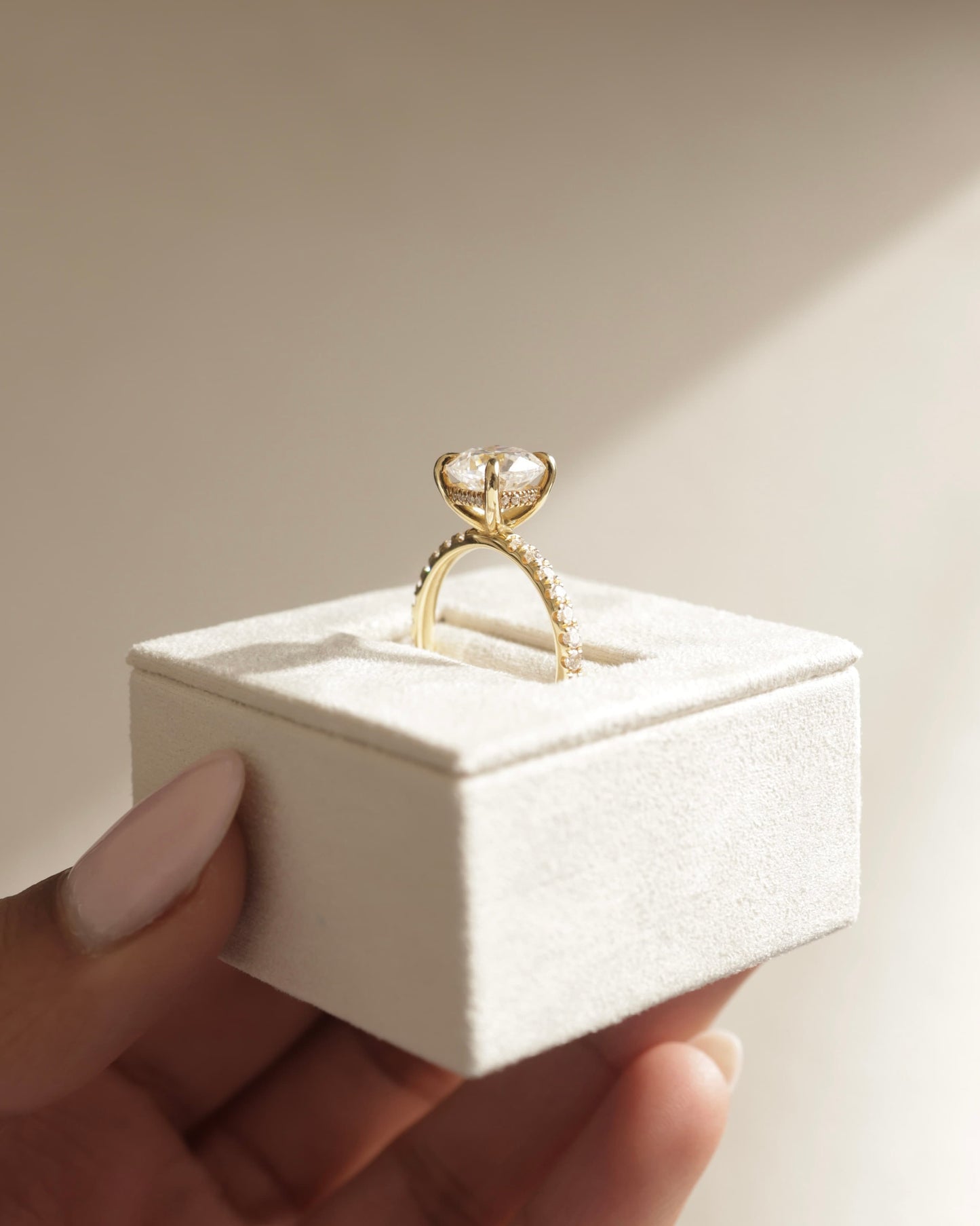 Claudia - Cushion Claw Solitaire with Hidden Halo and Pave Band Engagement Ring - Yellow Gold