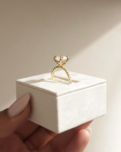 Claudia - Cushion Claw Solitaire with Hidden Halo and Pave Band Engagement Ring - Yellow Gold